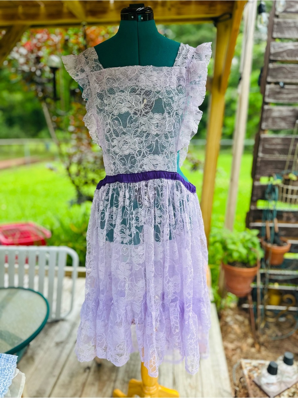 Vintage Prairie Apron Dress Purple Lace Cottagecore Pinafore Farmhouse Boho L